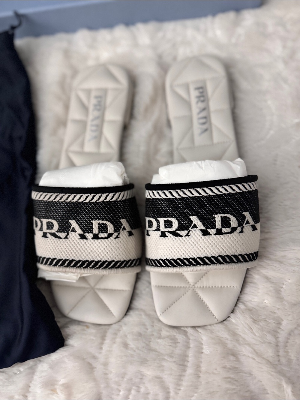 Prada Black and White Logo Band Quilted Slide Sandals